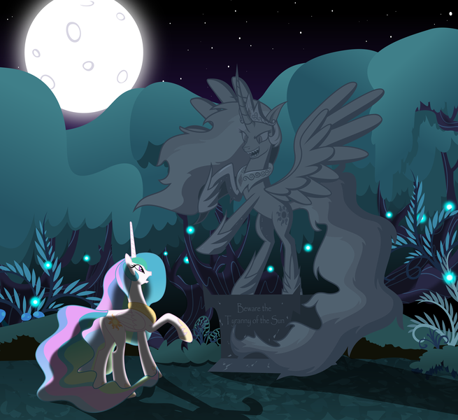 Size: 6000x5500 | Tagged: safe, artist:magister39, derpibooru import, nightmare star, princess celestia, alicorn, pony, absurd resolution, alternate universe, everfree forest, evil, good, moon, night, night sky, nightmareverse, open mouth, raised hoof, self paradox, stars, statue