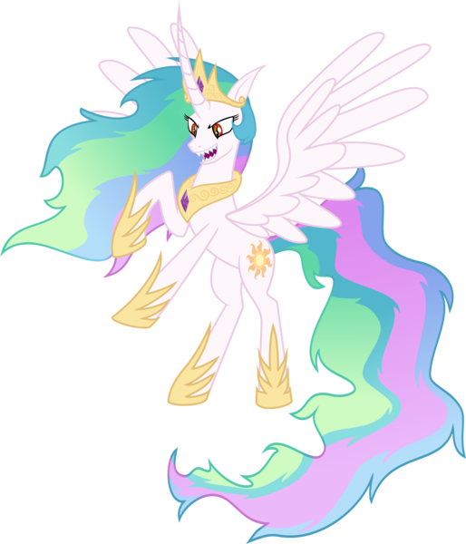 Size: 5139x6000 | Tagged: safe, artist:magister39, derpibooru import, princess celestia, pony, absurd resolution, alternate universe, evil, fangs, female, jewelry, mare, nightmareverse, open mouth, rearing, red eyes, regalia, sharp teeth, simple background, singing, solo, spread wings, teeth, transparent background, vector