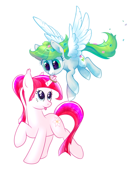 Size: 3128x4120 | Tagged: safe, artist:haltie, artist:ratiasuq, derpibooru import, oc, unofficial characters only, pegasus, pony, unicorn, 2017 community collab, derpibooru community collaboration, :p, absurd resolution, donut, duo, duo female, female, flower, flower in hair, flying, food, foodplay, heart eyes, horn grab, licking, messy mane, raised hoof, raised leg, simple background, smiling, spread wings, tongue out, transparent background, wingding eyes