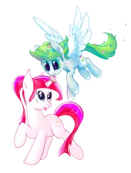 Size: 3128x4120 | Tagged: safe, artist:haltie, artist:ratiasuq, derpibooru import, oc, unofficial characters only, pegasus, pony, unicorn, 2017 community collab, derpibooru community collaboration, :p, absurd resolution, donut, duo, duo female, female, flower, flower in hair, flying, food, foodplay, heart eyes, horn grab, licking, messy mane, raised hoof, raised leg, simple background, smiling, spread wings, tongue out, transparent background, wingding eyes
