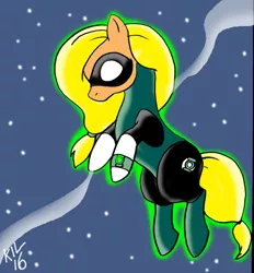 Size: 1024x1105 | Tagged: safe, artist:koku-chan, derpibooru import, applejack, earth pony, pony, aura, clothes, costume, dc comics, green lantern, green lantern ring, levitation, magic, mask, signature, solo, superhero, telekinesis, wristband