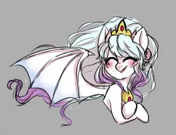 Size: 1331x1024 | Tagged: safe, artist:missyandi, derpibooru import, oc, oc:lucina, unofficial characters only, alicorn, bat pony, bat pony alicorn, hybrid, pony, alicorn oc, bat wings, crown, eyes closed, happy, interspecies offspring, jewelry, next generation, offspring, open mouth, parent:discord, parent:princess celestia, parents:dislestia, regalia, smiling, solo