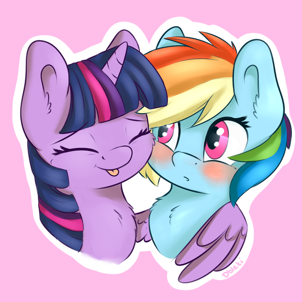 Size: 2300x2300 | Tagged: safe, artist:dbleki, derpibooru import, rainbow dash, twilight sparkle, twilight sparkle (alicorn), alicorn, pony, :p, blushing, bust, cheek fluff, chest fluff, cute, dashabetes, ear fluff, eyes closed, female, fluffy, fluffyball, hug, lesbian, pink background, portrait, shipping, signature, simple background, tongue out, twiabetes, twidash, winghug