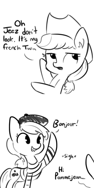 Size: 1280x2560 | Tagged: safe, artist:tjpones, derpibooru import, applejack, oc, oc:pommejean, earth pony, pony, applejack's hat, beret, black and white, clothes, comic, cowboy hat, dialogue, duo, female, french, grayscale, hat, hilarious in hindsight, lidded eyes, mare, monochrome, not applejack, open mouth, shirt, sigh, simple background, smiling, waving, white background