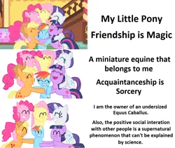 Size: 1280x1081 | Tagged: applejack, art shift, cute, derpibooru import, fluttershy, group hug, hug, increasingly verbose memes, mane six, meme, pinkie pie, rainbow dash, rarity, safe, screencap, sesquipedalian loquaciousness, stylistic suck, the cutie mark chronicles, title drop, twilight sparkle, verbose meme