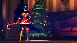 Size: 1280x720 | Tagged: 3d, anthro, artist:doctorthei, bell, bell collar, breasts, busty nightmare moon, candy, candy cane, christmas tree, clothes, collar, couch, derpibooru import, dress, female, food, high heel boots, high heels, looking at you, nightmare moon, plantigrade anthro, safe, socks, solo, source filmmaker, striped socks, tree, wingless, wingless anthro