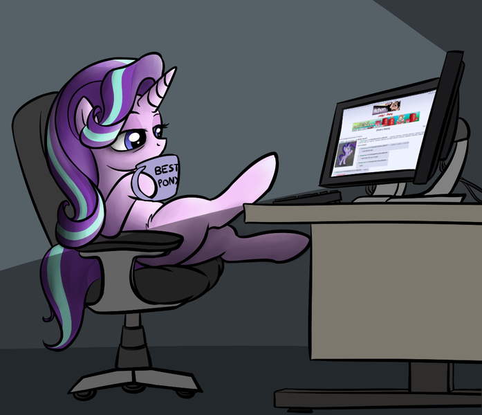 Size: 1045x899 | Tagged: safe, artist:duop-qoub, artist:lockerobster, color edit, derpibooru import, edit, starlight glimmer, pony, unicorn, /mlp/, 4chan, bags under eyes, best pony, chair, colored, computer, dark, desk, drinking, female, glimmerposting, hoof hold, hooves on the table, keyboard, leg fluff, lidded eyes, mare, missing cutie mark, monitor, mug, sitting, solo, tired