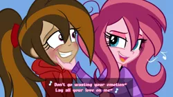 Size: 1024x576 | Tagged: safe, artist:wubcakeva, derpibooru import, oc, oc:contralto, oc:cupcake slash, unofficial characters only, equestria girls, blushing, clothes, disguised siren, equestria girls-ified, female, lesbian, lyrics, open mouth, singing, text