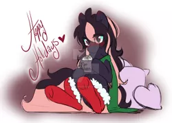 Size: 1024x733 | Tagged: safe, artist:silverknight27, derpibooru import, oc, oc:silver rose, unofficial characters only, pegasus, pony, blushing, chest fluff, clothes, coffee, cup, female, happy holidays, mare, pillow, scarf, socks, solo, watermark