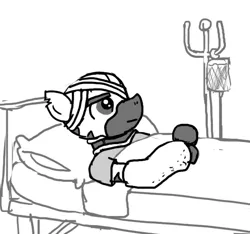 Size: 640x600 | Tagged: safe, artist:ficficponyfic, derpibooru import, oc, unofficial characters only, zebra, colt quest, adult, bandage, cast, gurney, hospital, injured, male, monochrome, pillow, solo, stallion, story included, upset