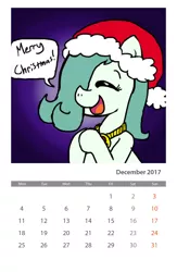 Size: 1600x2450 | Tagged: artist:ficficponyfic, calendar, christmas, colt, colt quest, cute, derpibooru import, edit, eyes closed, foal, hair over one eye, happy, hat, male, oc, oc:emerald jewel, safe, santa hat, solo, text, unofficial characters only