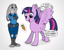 Size: 600x464 | Tagged: safe, artist:johnraptor, derpibooru import, twilight sparkle, twilight sparkle (alicorn), alicorn, pony, rabbit, adorkable, carrot, crossover, cute, dork, food, judy hopps, levitation, magic, pen, police, telekinesis, zootopia