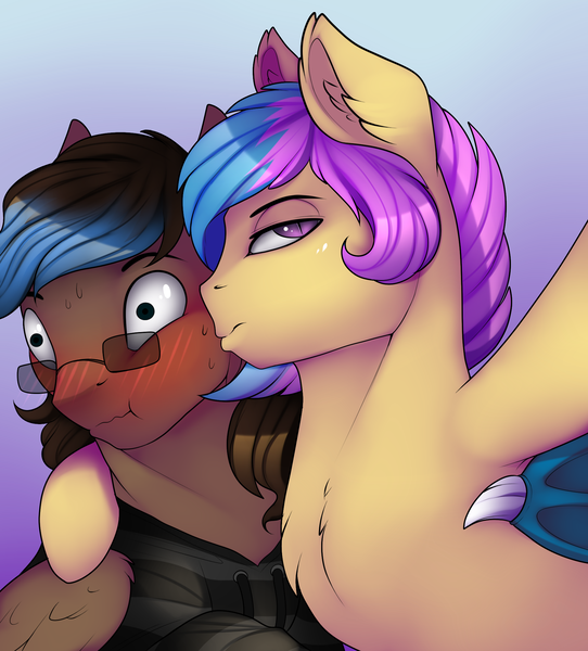 Size: 1876x2076 | Tagged: safe, artist:evehly, derpibooru import, oc, oc:phyra, oc:playthrough, unofficial characters only, bat pony, pegasus, pony, blushing, chest fluff, clothes, embarrassed, folded wings, gay, glasses, hoodie, kiss on the cheek, kissing, looking at you, looking away, male, nerd, oc x oc, scrunchy face, selfie, shipping, wide eyes