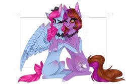 Size: 1024x683 | Tagged: safe, artist:jgreti, derpibooru import, oc, oc:noty serdtsa, oc:symphony diamond, unofficial characters only, pegasus, pony, unicorn, bowtie, colored pupils, female, hug, mare, simple background, white background