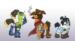 Size: 1280x706 | Tagged: safe, artist:calicopikachu, derpibooru import, ponified, earth pony, pony, unicorn, cigar, cowboy hat, crossed hooves, glasses, gradient background, gray background, hat, jesse mccree, lucio, mei, overwatch, simple background, trio, video game, visor