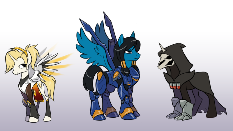 Size: 1280x723 | Tagged: safe, artist:calicopikachu, derpibooru import, ponified, pegasus, pony, unicorn, armor, artificial wings, augmented, gradient background, gray background, mechanical wing, mercy, overwatch, pharah, power armor, reaper (overwatch), simple background, trio, video game, wings