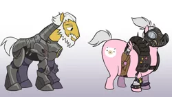 Size: 1280x724 | Tagged: safe, artist:calicopikachu, derpibooru import, ponified, earth pony, pony, armor, beard, duo, eyes on the prize, facial hair, gradient background, gray background, overwatch, power armor, reinhardt, roadhog (overwatch), simple background, video game