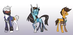 Size: 1280x615 | Tagged: safe, artist:calicopikachu, derpibooru import, ponified, pegasus, pony, unicorn, gradient background, gray background, overwatch, simple background, soldier 76, symmetra, tracer, trio, video game, visor