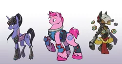 Size: 1280x675 | Tagged: safe, artist:calicopikachu, derpibooru import, ponified, pony, robot, robot pony, unicorn, gradient background, gray background, levitation, magic, overwatch, ponytail, raised hoof, scar, simple background, telekinesis, trio, unshorn fetlocks, video game, widowmaker, zarya, zenyatta