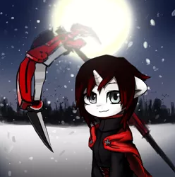 Size: 1350x1363 | Tagged: safe, artist:inowiseei, derpibooru import, ponified, pony, unicorn, female, mare, moon, night, ruby rose, rwby, scythe, snow, solo