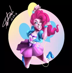 Size: 1024x1034 | Tagged: safe, artist:alexisdel, derpibooru import, pinkie pie, equestria girls, balloon, black background, boots, bracelet, breasts, cleavage, clothes, female, jewelry, one eye closed, simple background, skirt, skirt lift, smiling, solo, wink