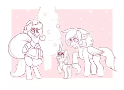 Size: 3793x2755 | Tagged: safe, artist:mr.pink, derpibooru import, oc, oc:breeadonna phoenix, oc:cloud weaver, oc:livid lotus, unofficial characters only, pony, bipedal, christmas, christmas tree, clothes, costume, hat, monochrome, pillow, raised hoof, sack, santa costume, santa hat, santa sack, snow, tree