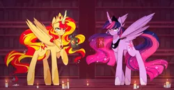 Size: 5303x2752 | Tagged: safe, artist:novabytes, derpibooru import, sunset shimmer, twilight sparkle, twilight sparkle (alicorn), alicorn, pony, absurd resolution, alicornified, book, bookshelf, candle, commission, crown, duo, jewelry, levitation, lidded eyes, long legs, looking at you, magic, race swap, raised hoof, regalia, shimmercorn, smiling, smirk, spread wings, telekinesis