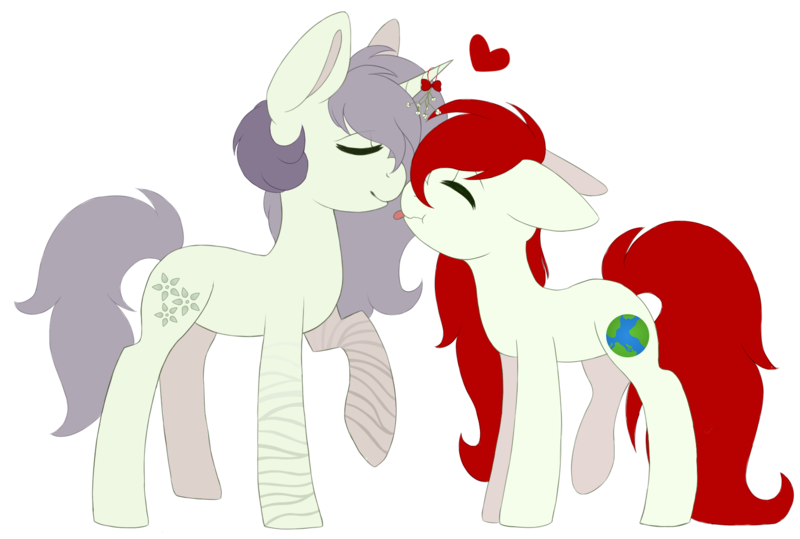 Size: 1700x1145 | Tagged: safe, artist:adostume, derpibooru import, oc, oc:delia, oc:primavera, unofficial characters only, earth pony, pony, unicorn, female, floppy ears, lesbian, mistletoe, oc x oc, shipping, simple background, size difference, transparent background