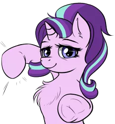 Size: 500x539 | Tagged: safe, artist:duop-qoub, artist:jericoanon, derpibooru import, starlight glimmer, ponified, pony, unicorn, /mlp/, 4chan, bust, chest fluff, cute, ear fluff, fluffy, frog (hoof), lidded eyes, looking at you, punch, simple background, smiling, solo, this will end in pain, transparent background, underhoof