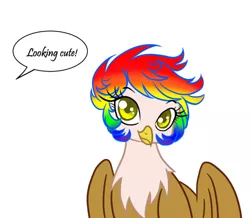 Size: 500x436 | Tagged: safe, artist:askcolorflare, derpibooru import, oc, oc:rainbow feather, unofficial characters only, gryphon, cute, griffon oc, hairstyle, interspecies offspring, magical lesbian spawn, makeover, offspring, parent:gilda, parent:rainbow dash, parents:gildash, simple background, solo, speech bubble, white background