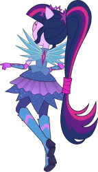 Size: 3702x6456 | Tagged: safe, artist:imperfectxiii, derpibooru import, sci-twi, twilight sparkle, equestria girls, legend of everfree, absurd resolution, back, boots, crystal wings, floating, high heel boots, ponied up, ponytail, raised leg, rear view, simple background, solo, super ponied up, transparent background, vector, wings