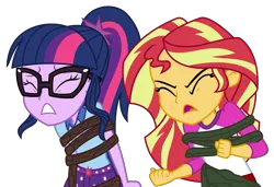 Size: 2400x1641 | Tagged: safe, artist:sketchmcreations, derpibooru import, sci-twi, sunset shimmer, twilight sparkle, equestria girls, legend of everfree, bondage, clothes, commission, eyes closed, fist, glasses, gritted teeth, i've seen enough hentai to know where this is going, open mouth, simple background, struggling, transparent background, trapped, vector, vine