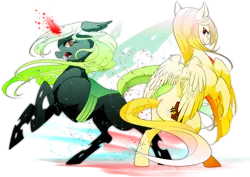 Size: 600x424 | Tagged: safe, artist:dormin-kanna, derpibooru import, oc, unofficial characters only, changeling, pegasus, pony, changeling oc, duo, duo female, fangs, female, glowing horn, lidded eyes, looking back, smiling, underhoof