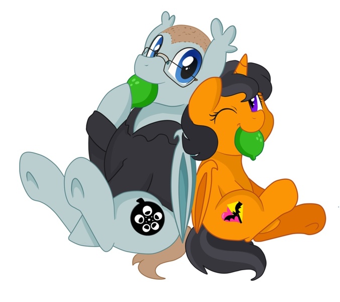 Size: 949x841 | Tagged: safe, artist:pridark, derpibooru import, oc, oc:amanda, oc:everette filmmore, unofficial characters only, alicorn, bat pony, bat pony alicorn, pony, alicorn oc, clothes, cute, father and daughter, female, filly, film reel, glasses, jacket, leather jacket, lime, looking at you, male, one eye closed, sitting, stallion, wink