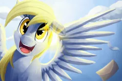 Size: 3000x2000 | Tagged: safe, artist:camyllea, derpibooru import, derpy hooves, pegasus, pony, cloud, crepuscular rays, cute, female, happy, looking at you, mail, mare, open mouth, sky, solo, spread wings, sun, sunlight