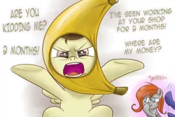 Size: 540x360 | Tagged: angry, artist:poundcakemlp2000, artist:redheadfly, banana, banana suit, cute, derpibooru import, food, fruit, grammar error, laughing, oc, oc:blazing sky, oc:lucky fly, older, pound cake, safe