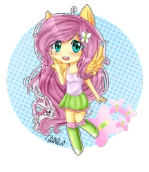 Size: 1937x2237 | Tagged: safe, artist:wolfchen999, derpibooru import, fluttershy, rabbit, equestria girls, blushing, boots, chibi, clothes, cute, open mouth, ponied up, shyabetes, skirt, socks, solo, tanktop, wings