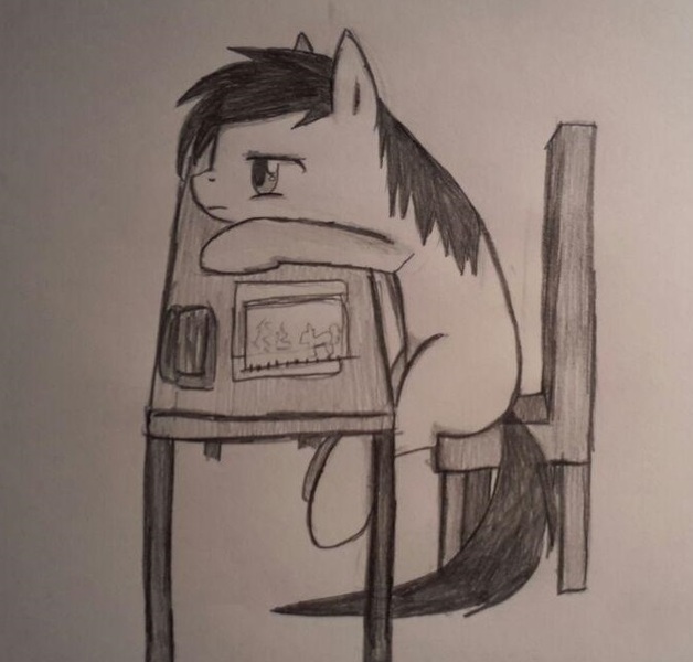 Size: 679x649 | Tagged: artist:sachiko765, black and white, chair, classroom, derpibooru import, grayscale, missing cutie mark, monochrome, oc, safe, school, sitting, solo, traditional art, unofficial characters only