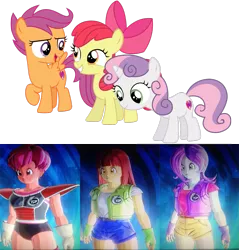 Size: 1351x1411 | Tagged: apple bloom, character creation, crossover, cutie mark, cutie mark crusaders, derpibooru import, dragon ball, dragon ball xenoverse, dragon ball xenoverse 2, dragon ball z, human, humanized, safe, saiyan, scootaloo, sweetie belle, the cmc's cutie marks