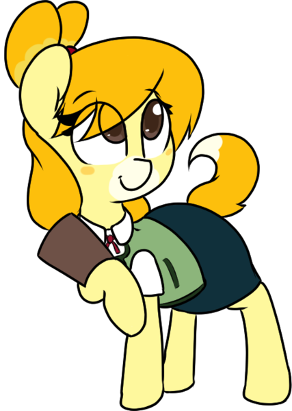 Size: 482x678 | Tagged: animal crossing, animal crossing: new leaf, artist:lockheart, clipboard, clothes, derpibooru import, dog, isabelle, looking up, ponified, safe, skirt, solo