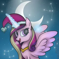 Size: 1000x1000 | Tagged: artist:victoria-luna, constellation, crescent moon, derpibooru import, hat, moon, night, night sky, princess cadance, safe, santa hat, solo, stars, transparent moon