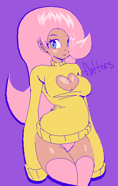 Size: 380x596 | Tagged: artist:yev-san, breasts, clothes, derpibooru import, female, fluttershy, hair over one eye, human, humanized, ms paint, pink hair, pixel art, solo, stockings, suggestive, sweater, sweatershy