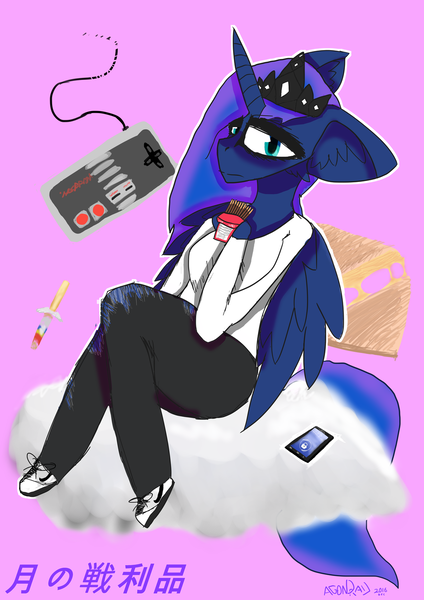 Size: 1024x1448 | Tagged: android, anthro, artist:itzdatag0ndray, cheese, clothes, cloud, derpibooru import, distressed, ear fluff, food, grilled cheese, long mane, nike, nintendo, nintendo entertainment system, pink background, princess luna, safe, simple background, solo, text, torn clothes