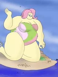 Size: 2400x3200 | Tagged: suggestive, artist:feyzer, derpibooru import, fluttershy, human, equestria girls, bbw, beach, breasts, busty fluttershy, clothes, fat, fattershy, female, female focus, giantess, helicopter, huge, looking down, macro, obese, ocean, people, sand, small head, solo focus, ssbbw, swimsuit, tiny head