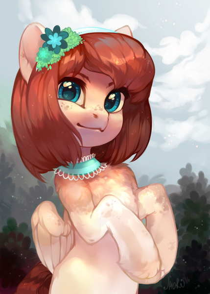 Size: 2500x3500 | Tagged: safe, artist:share dast, derpibooru import, oc, oc:tea flower, unofficial characters only, pegasus, pony, bust, chest fluff, choker, commission, cute, female, flower, flower in hair, freckles, hairband, heart eyes, jewelry, looking at you, mare, portrait, rearing, scenery, semi-realistic, solo, unshorn fetlocks, wingding eyes