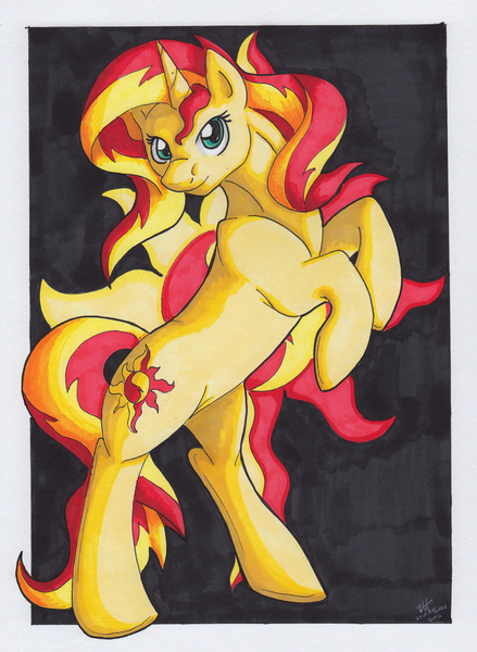 Size: 2182x2982 | Tagged: safe, artist:stormblaze-pegasus, derpibooru import, sunset shimmer, pony, equestria girls, cute, rearing, signature, solo, traditional art