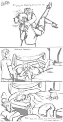 Size: 1341x2600 | Tagged: suggestive, artist:kikirdcz, derpibooru import, rainbow dash, soarin', human, bed, bedroom eyes, comic, dialogue, drunk, drunker dash, humanized, male, monochrome, prone, shipping, sketch, sleeping, soarindash, straight