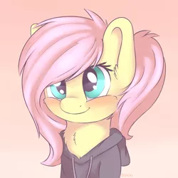 Size: 2100x2100 | Tagged: safe, artist:dbleki, derpibooru import, fluttershy, pony, alternate hairstyle, blushing, bust, cheek fluff, chest fluff, clothes, cute, floppy ears, fluffy, fluffyball, gradient background, hoodie, looking at you, portrait, shyabetes, smiling, solo, sweet dreams fuel