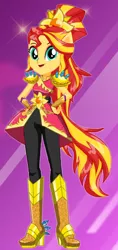 Size: 252x535 | Tagged: safe, artist:unicornsmile, derpibooru import, sunset shimmer, equestria girls, legend of everfree, boots, box art, clothes, crystal guardian, high heel boots, looking at you, open mouth, pants, ponied up, solo, starsue, super ponied up
