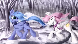 Size: 1920x1080 | Tagged: safe, artist:aurelleah, derpibooru import, princess celestia, princess luna, alicorn, pony, clothes, cute, cutelestia, eyes closed, female, forest, looking away, lunabetes, pink-mane celestia, river, royal sisters, running, s1 luna, scarf, shadow, signature, smiling, snow, snowfall, stream, tree, updated, water, winter, young, younger